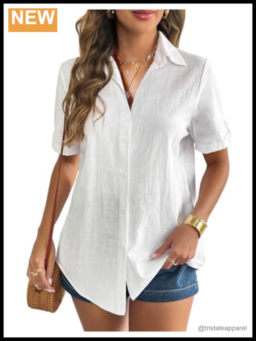 Womens Linen Button Down Shirt Cuffed Short Sleeve V Neck Blouse